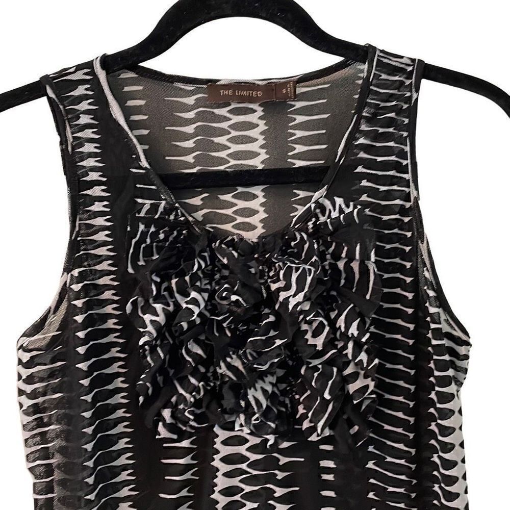The Limited black and white print ruffle front sleeveless semi sheer S